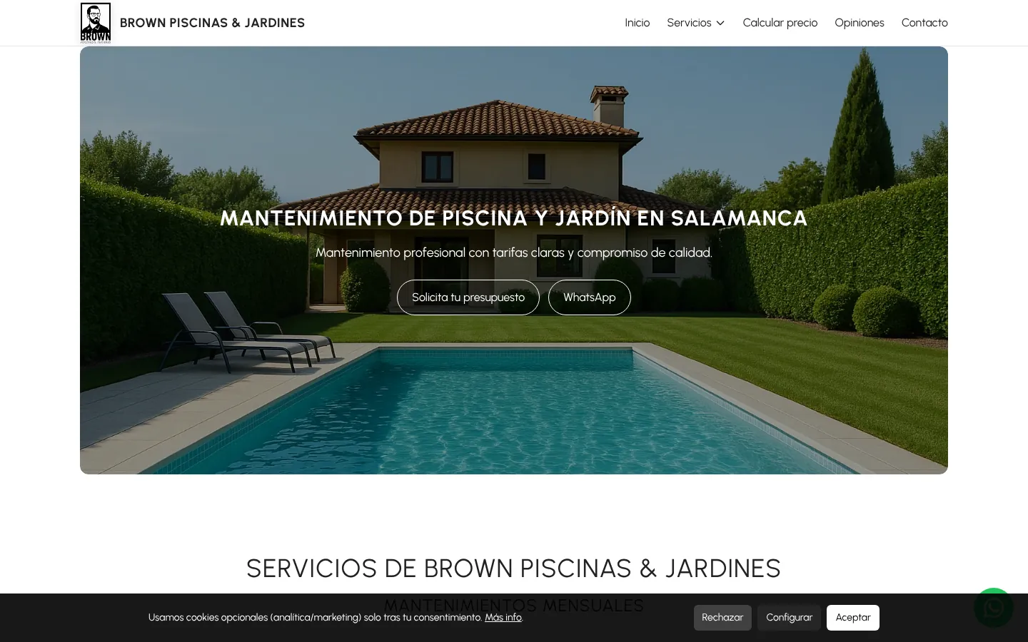 Página de inicio de la web de BROWN Piscinas & Jardines en escritorio.